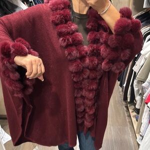 New Elegant Burgundy cardigan Sweater poncho with real Rabbit Fur Trim